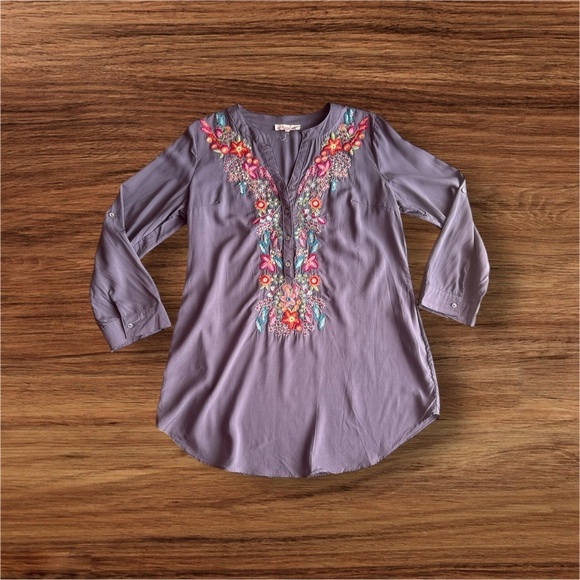 Solitaire Dove Tea Time Garden Tunic top dress gray embroidery colorful size L - Picture 4 of 16